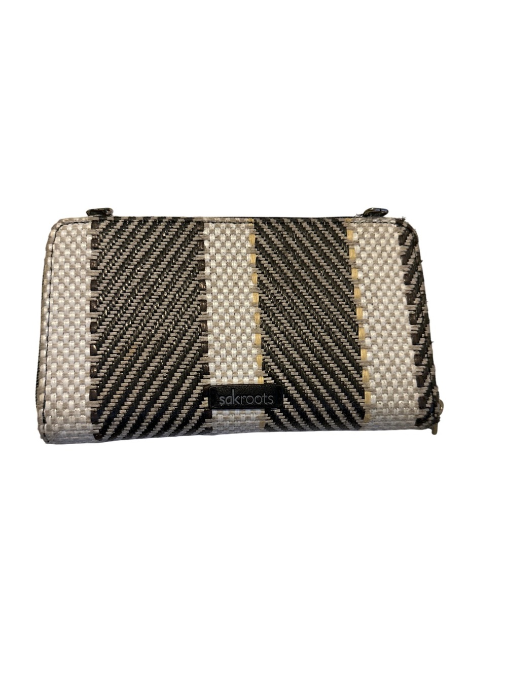 Sakroots Metro Black and Cream Woven Zip Wallet with Subtle Gold Stripe